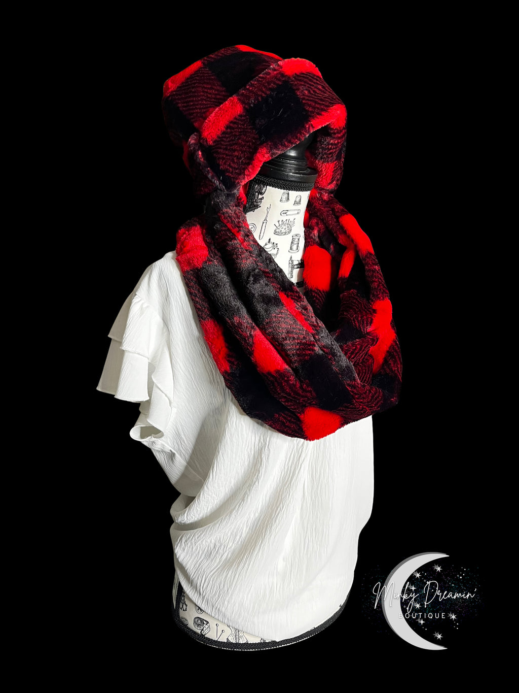 Scarlet Black Buffalo Check Beanie Cap & Infinty Scarf Set