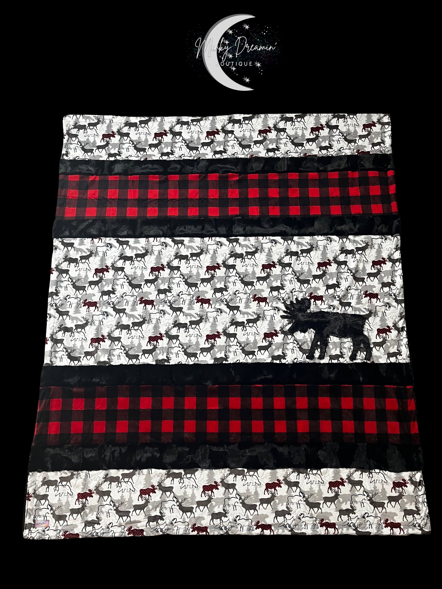 Buffalo Check Moose Strip Minky/Black Willow