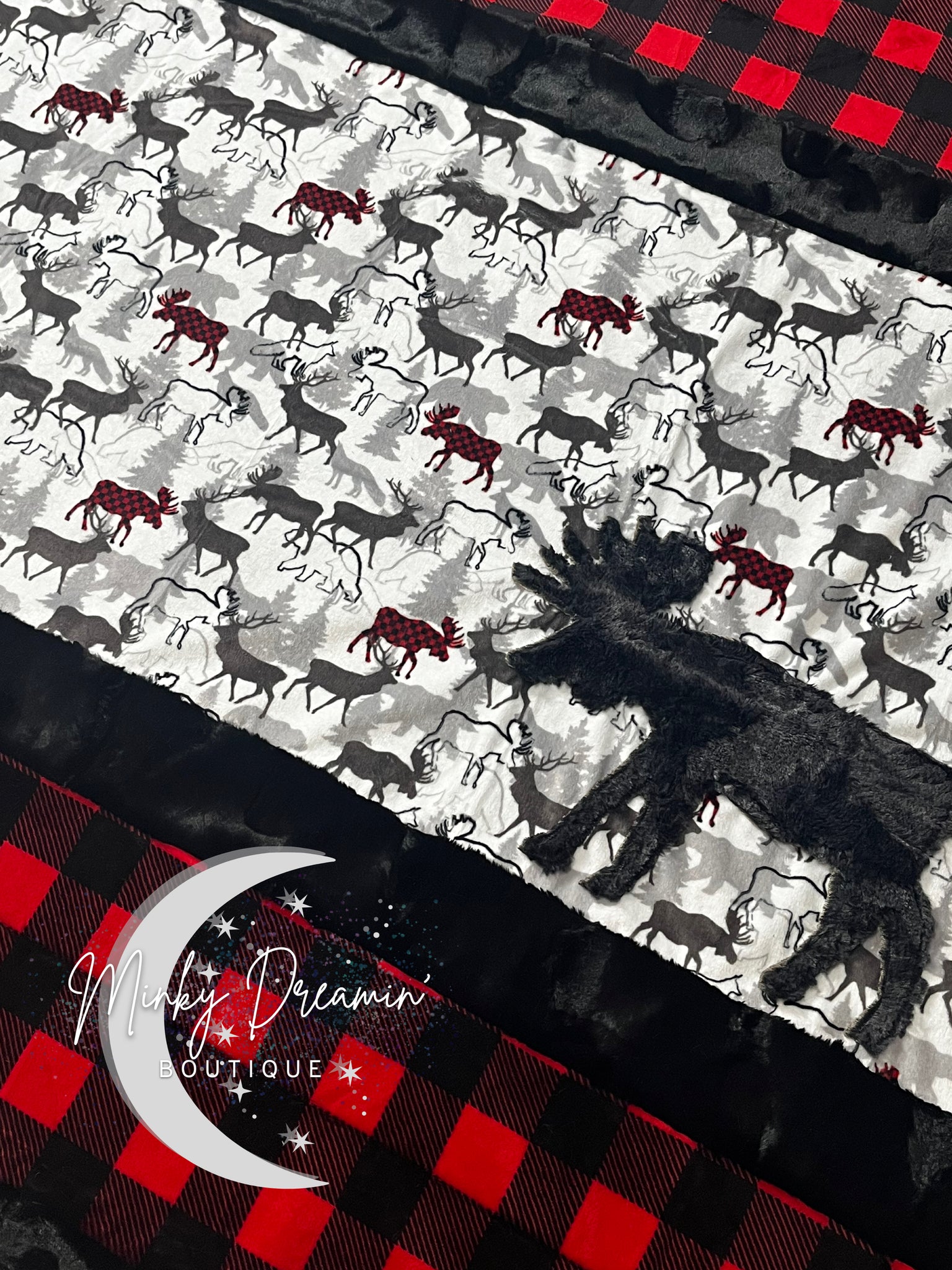 Buffalo Check Moose Strip Minky/Black Willow